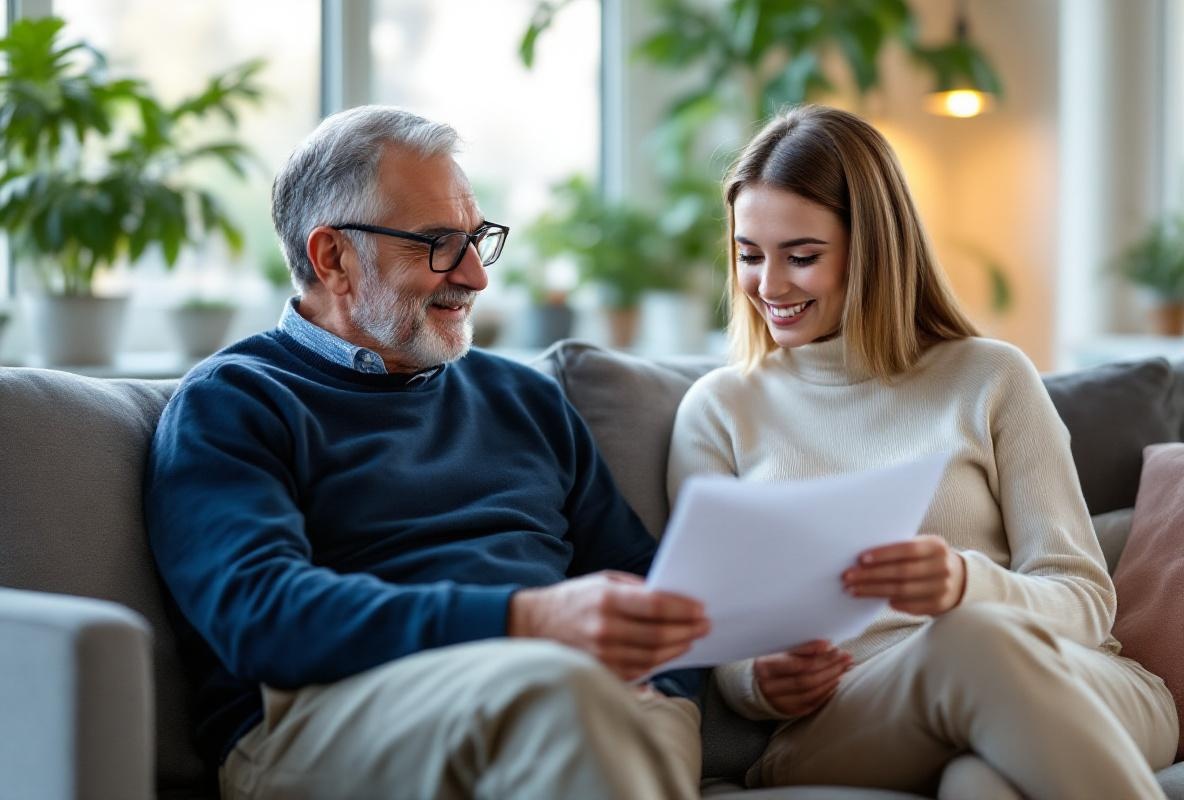 VPT zorgplan bespreking – man en vrouw Oudere man en zorgverlener bespreken samen het VPT zorgplan in een gezellige huiskamer